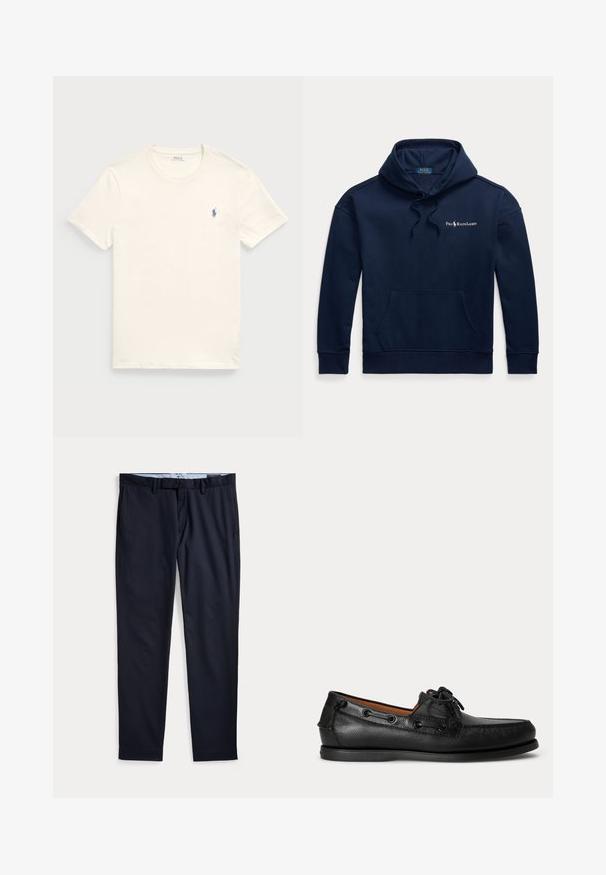 Marineblauwe hoodie met voorzak, trekkoord in de capuchon en klein wit Polo Ralph Lauren-logo op de linkerborst.; Crème-kleurig katoenen t-shirt met een ronde hals en korte mouwen. Heeft een klein blauw geborduurd logo op de linkerborst.; Donkerblauwe herenkleedbroek met ceintuurlussen, ritssluiting en zijzakken, plat gelegd op een witte achtergrond.; Zwarte leren mocassin met veterdetail en lage rubberen zool, zijaanzicht op een eenvoudige lichte achtergrond.