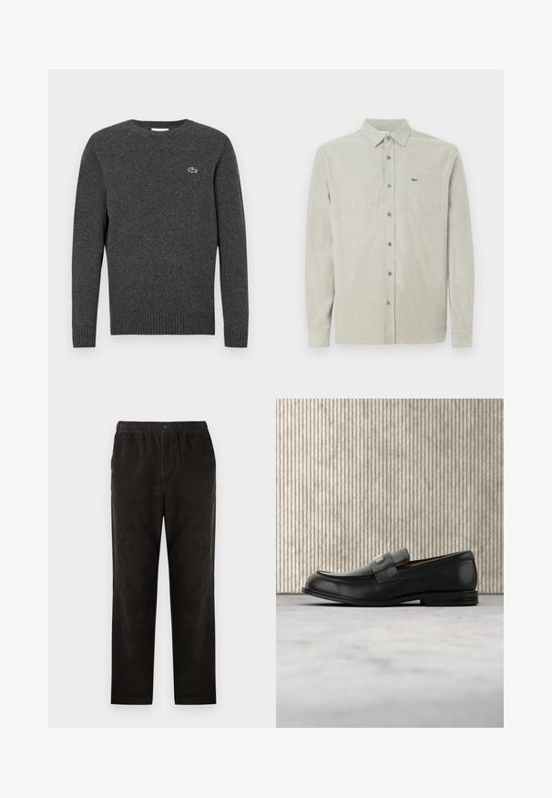 Suéter de punto gris oscuro de manga larga con puños y dobladillo acanalados, con un pequeño logo bordado de cocodrilo en el pecho izquierdo.; Camisa de manga larga color beige claro, con botón y cuello, bolsillo en el pecho que presenta un pequeño logo de cocodrilo verde.; Pantalones de pana negra con un diseño de pierna recta, que presentan una cintura elástica y un cierre de un solo botón. Textura suave, detalles mínimos.; Mocasín de cuero negro con una placa metálica de marca apoyado cerca de una mesa redonda marrón sobre un suelo alfombrado beige.