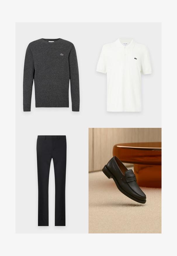 Suéter de punto gris oscuro de manga larga con puños y dobladillo acanalados, con un pequeño logo bordado de cocodrilo en el pecho izquierdo.; Polo blanco hecho de una suave tela de algodón con un cuello clásico, una tapeta de tres botones y un pequeño logo de cocodrilo verde en el pecho.; Pantalones negros con diseño de pierna recta, confeccionados en una tela suave. Presenta bolsillos frontales, cierre de botón y trabillas para cinturón.; Mocasín de hombre de cuero negro con una banda en la parte superior, exhibido sobre una alfombra beige cerca de una mesa circular moderna marrón.