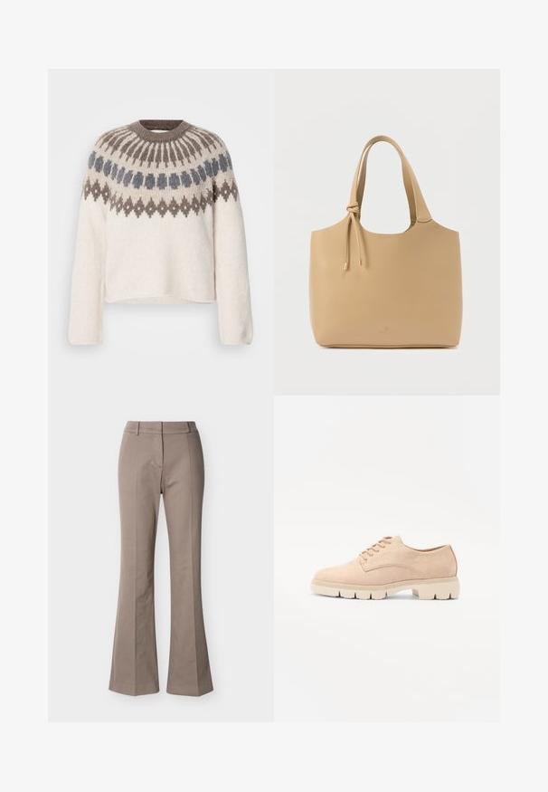 Strikket sweater med rund halsudskæring, lange ærmer og en cremet bund med mørkebrune og grå geometriske mønstre ved bærestykket.; Beige højtaljede bukser med vide ben, syninger foran, bæltestropper og skjult lukning foran, vist på en hvid baggrund.; Beige ruskind snørebåndssko med rund tå, tekstureret overdel og en kraftig, cremefarvet gummisål med udtalt mønster for godt greb.; Beige mulepose lavet af glat læder, med to robuste håndtag og guldfarvede metaldele samt en justerbar snøre.