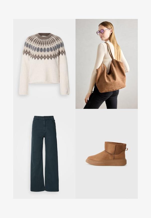 Strikket sweater med rund halsudskæring, lange ærmer og en cremet bund med mørkebrune og grå geometriske mønstre ved bærestykket.; Bredde bukser i mørkegrå bomuldsblanding med frontknaplukning, bæltestropper og to sidelommer. Glat tekstur med minimal detaljering.; Brune ankelstøvler med en glat ruskindsfinish, en flad gummisål og en blød foring. Har en pull-tab og tonet syning.; Brun ruskind tote taske med blød tekstur, stor åbning og lange stropper. Har et enkelt design med synlige syninger og ingen hardware.