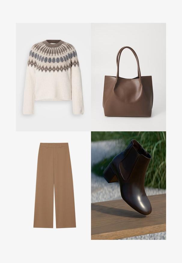 Strikket sweater med rund halsudskæring, lange ærmer og en cremet bund med mørkebrune og grå geometriske mønstre ved bærestykket.; Vide benbukser i en ensfarvet brun farve, lavet af et tekstureret stof; har høj talje og struktureret design med bæltestropper.; Brun læder ankelstøvle med en afrundet tå og en lav blokhælhæl, der har elastiske sidepaneler og en glat, blank finish.; Brun læder tote taske med to lange håndtag, struktureret form, glat tekstur og minimalistisk design. Ingen synligt hardware eller accenter.
