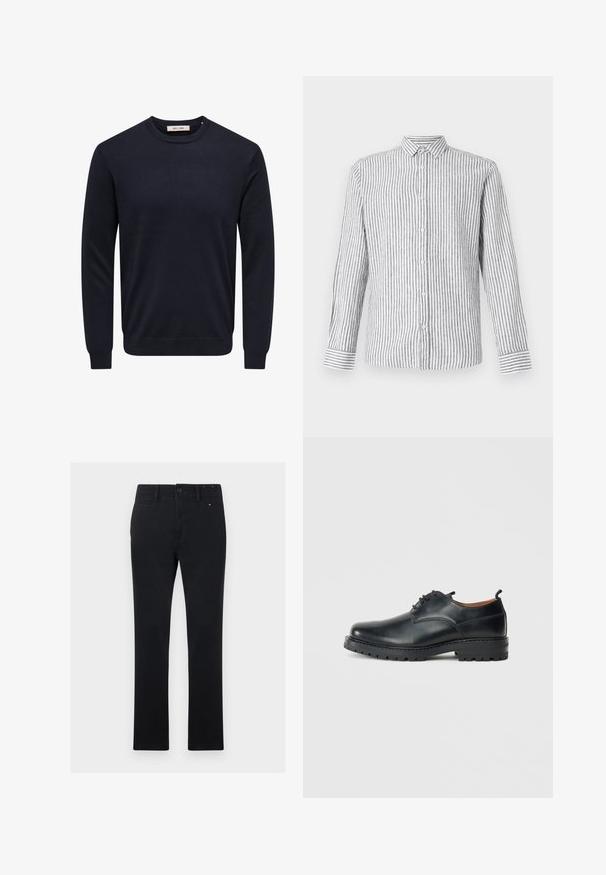 Mørkeblå langærmet crewneck sweater med ribstrikkede manchetter, kant og halsudskæring, med mærket "Only & Sons" inde i kraven.; Langærmet skjorte med knapper i lys grå med hvide lodrette striber. Har en klassisk krave og manchetter med et stribet mønster.; Sorte bomuldsbukser med lige snit, der har knap- og lynlåsclosure, fem lommer og diskrete syninger.; Sorte læder derby-sko med en glat overflade, rund tå, snøre-design og en tyk, robust gummisål.