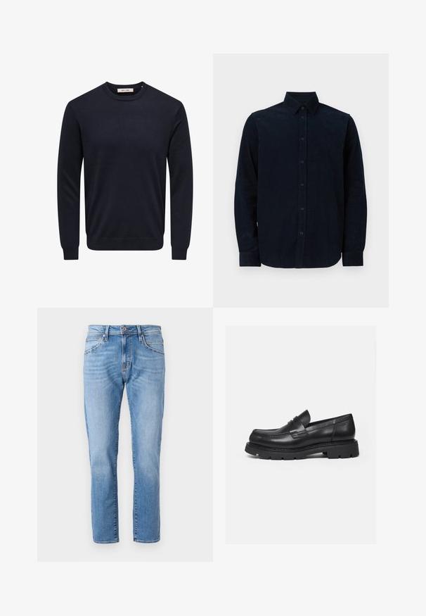 Mørkeblå langærmet crewneck sweater med ribstrikkede manchetter, kant og halsudskæring, med mærket "Only & Sons" inde i kraven.; Marineblå langærmet skjorte lavet af struktureret stof, med knaplukning foran, spidse kraver og knaplukninger ved manchetterne.; Lyseblå denimjeans med lige ben, klassisk fem-pocket design, subtilt slid og en kontrastknaplukning i taljen.; Sort læderloafer med tyk rillede sål og penny-remdetalje, vist i højre sideprofil på hvid baggrund.