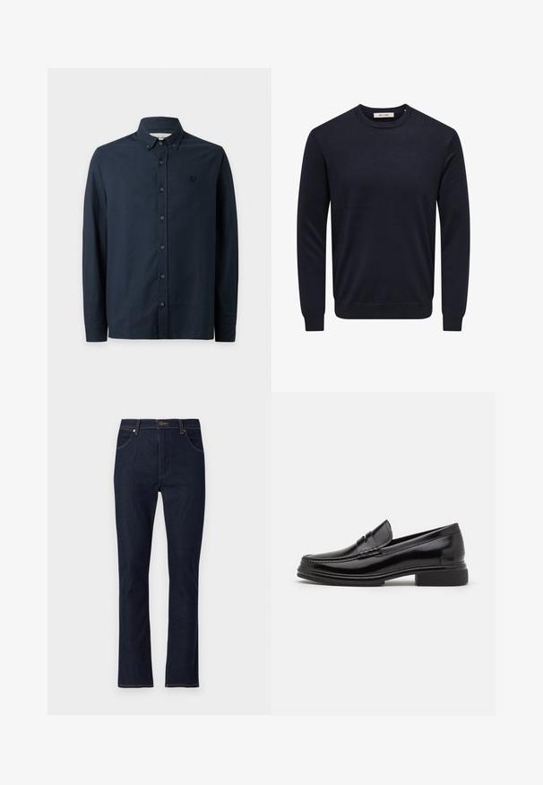 Pull bleu marine à manches longues avec col rond, bord-côtes aux poignets, à l'ourlet et à l'encolure, étiquette "Only & Sons" à l'intérieur du col.; Chemise noire à manches longues boutonnée, avec col boutonné et logo brodé discret sur la poitrine gauche.; Jean droit en denim bleu foncé avec poches avant, passants de ceinture et fermeture à bouton.; Mocassins en cuir noir avec un embout arrondi, présentant un détail cousu sur le dessus, et un petit talon carré. Texture lisse et finition brillante.