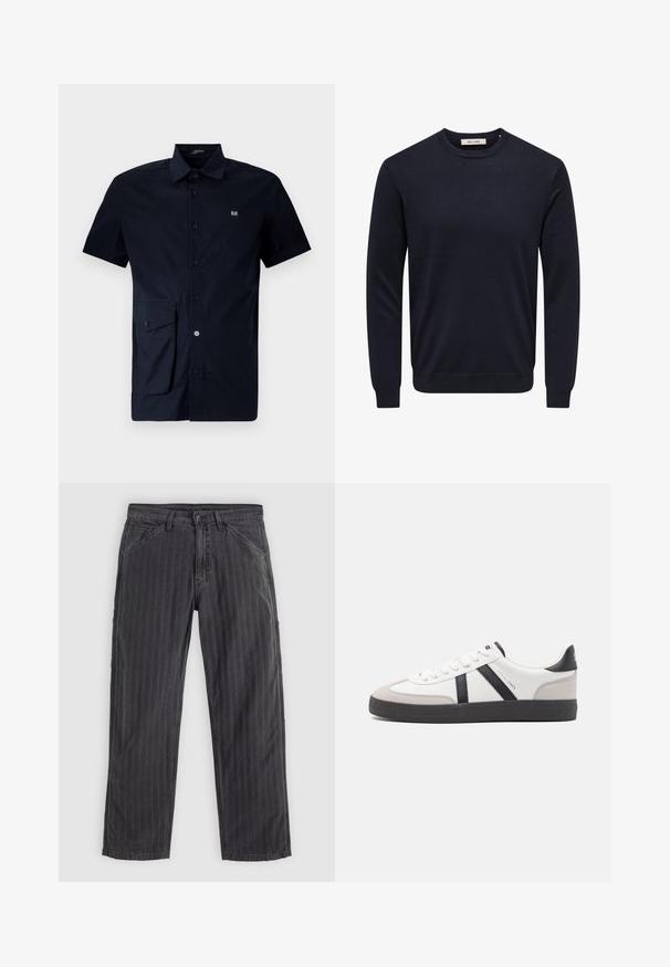 Pull bleu marine à manches longues avec col rond, bord-côtes aux poignets, à l'ourlet et à l'encolure, étiquette "Only & Sons" à l'intérieur du col.; Chemise à manches courtes bleu marine à boutons en coton, dotée d'une poche plaquée sur le côté gauche et d'un petit logo brodé sur la poitrine.; Pantalons à rayures noires en tissu mélangé coton. Présentent un design à jambe droite, des poches latérales et une fermeture à bouton.; Baskets blanches avec des accents noirs et gris, présentant un embout texturé gris, une semelle en caoutchouc noir et des lacets plats blancs. Design épuré, style minimaliste.