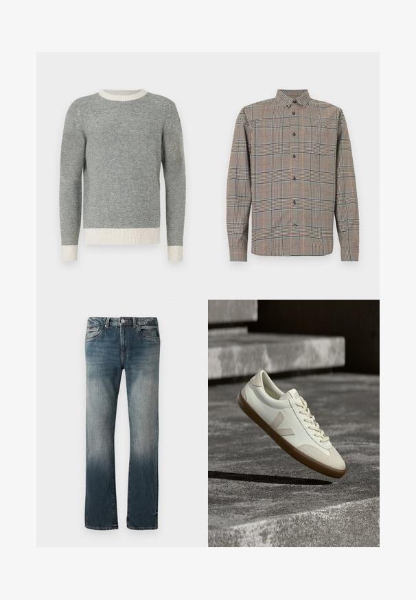 Grå og creme stribet sweater med ribbet rund hals og manchetter. Fremstillet af struktureret stof, med en tætsiddende design og lange ærmer.; Langærmet skjorte med knapper og klassisk krave, i beige og sort ternet mønster med diskrete røde og blå linjer.; Herre lige pasform blå denim jeans med falmet vask og fem-lomme design mod en hvid baggrund.; Hvide læder sneakers med tanfarvet gummisål, flade snørebånd og V-formet detalje på siden. Har en glat overflade og minimale syninger.