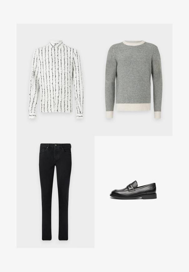 Grå og creme stribet sweater med ribbet rund hals og manchetter. Fremstillet af struktureret stof, med en tætsiddende design og lange ærmer.; Hvid skjorte med knapper, prydet med sorte lodrette striber og et blomstermønster. Lange ærmer med knapmanschetter. Fremstillet af et let materiale.; Mørk denim jeans med slim fit, fem lomme-design og metalknaplukning. Glat tekstur og jævn farve gennem hele stoffet.; Sorte læder loafers har en rund tå, en stikning hen over toppen og en lav, flad gummisål. Glat tekstur uden synlige mønstre.
