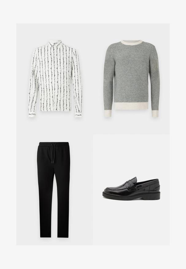Suéter a rayas en gris y crema con cuello redondo acanalado y puños. Hecho de tejido texturizado, presenta un diseño ajustado y mangas largas.; Camisa blanca de botones con líneas verticales negras y un patrón floral. Mangas largas con puños abotonados. Hecha de una tela ligera.; Pantalones de chándal negros con un corte ajustado, cintura elástica y cordón. Hechos de una tela suave con una textura lisa y sin patrones visibles.; Mocasines de cuero negro con un acabado suave, punta redondeada, tacón bajo y costura decorativa en la parte delantera. Suela de goma para mayor agarre.