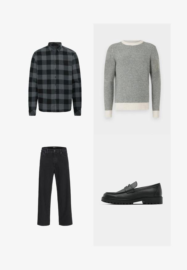 Grå og creme stribet sweater med ribbet rund hals og manchetter. Fremstillet af struktureret stof, med en tætsiddende design og lange ærmer.; Grå og sort ternet flannel skjorte med lange ærmer, knap-ned krave og knapper foran. Blød tekstur med en afslappet pasform.; Sorte denim jeans med lige ben, knap- og lynlåslukning, bæltestropper samt for- og baglommer.; Sorte læder loafers med rund tå, der har et syet design, lav platformssål og en struktureret, skridsikker gummisål.