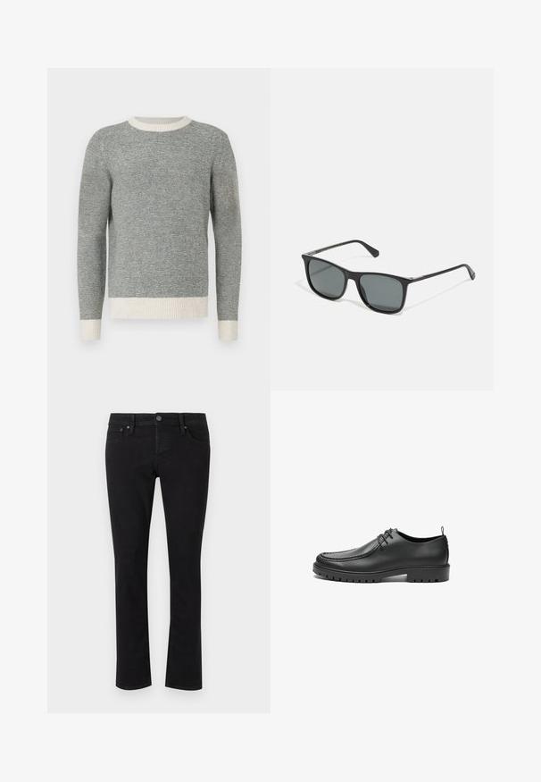 Grå og creme stribet sweater med ribbet rund hals og manchetter. Fremstillet af struktureret stof, med en tætsiddende design og lange ærmer.; Sorte denimjeans med lige snit, fem-lomme design, metalknaplukning og minimal syning. Glat tekstur hele vejen igennem.; Sorte lædersko med en glat overflade, rund tå og dekorativ stikning. Har en gummisål med skridsikre spor og snørebåndsdesign.; Sorte solbriller med firkantet stel, grå linser og mat finish. Karakteriseret ved et enkelt design med diskret branding på stængerne.