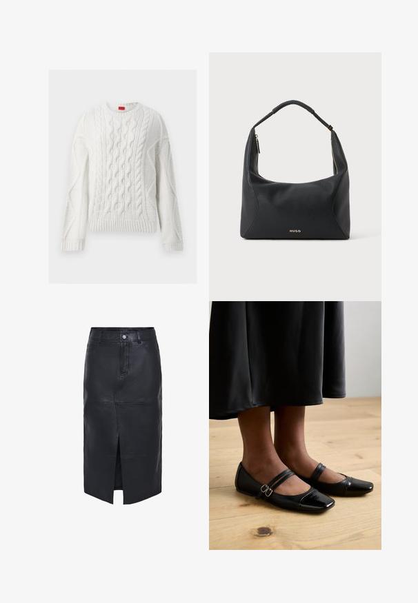Wit gebreid sweater met een kabelpatroon, ribbelmanchetten en onderrand, en een ronde halslijn met een rode label aan de binnenkant.; Zwarte leren rok met een aangesloten taille, voorzakken, een centrale split en platte naden voor een gestroomlijnd ontwerp.; Zwarte gepatineerde leren ballerina's met een vierkante neus, voorzien van twee banden met gespen. De zolen zijn plat op een lichte houten vloer.; Zwarte leren schoudertas met gevlochten handvat, gouden ritsdetail en klein goudkleurig "HUGO"-logo aan de voorkant in het midden.