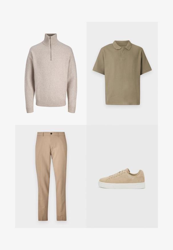 Beige neljandiku-kraega kapuutsiga sviiter pehmest kudumiskangast. Omab soonikkoes krae ja varrukaääri, lõdva istuvuse ja sujuva disainiga.; Lühikeste varrukatega oliivroheline soonikkoes polo särk klassikalise kraega ja ilma nähtavate nööpideta, esitletud lihtsa tausta ees.; Beige kohandatud püksid siledast kangast, millel on nööpide sulgemine, vööaasad ja kitsas lõige otse jalgadega.; Beežist seemisnahast madalad tossud pitsidega ja valge kummist tallaga heleda halli tausta peal.