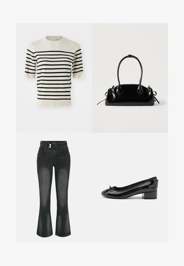 Pull court à manches courtes crème avec des rayures horizontales noires. Il présente un col rond et une texture tricot doux. Finitions côtelées au bas et aux poignets.; Jean en denim noir délavé à taille haute, fermeture double bouton, poches avant et jambes légèrement évasées.; Ballerines noires en cuir verni avec un bout rond, un petit talon bloc et un nœud décoratif à l'avant. Surface lisse et doublure rembourrée.; Petit sac à main noir brillant avec deux longues anses et des détails à cordon sur les côtés sur un fond clair uni.