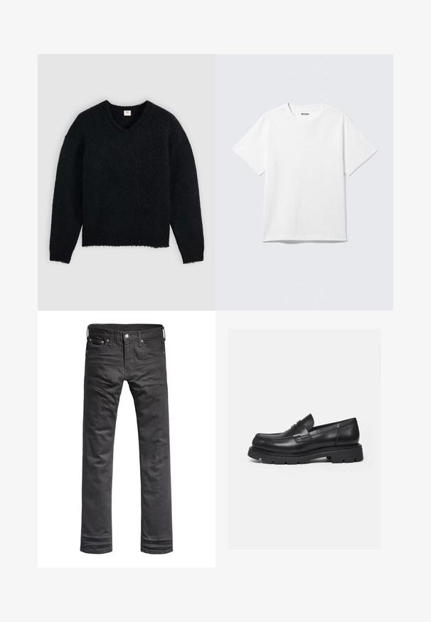 Black fuzzy long-sleeve V-neck sweater with a ribbed hem and cuffs, displayed on a plain light gray background.; White short-sleeve crewneck T-shirt laid flat, plain design, with "WEEKDAY" label inside the collar on a light background.; Black denim jeans with a classic straight-leg design. Features front pockets, a button fly, and subtle stitching details.; Black leather loafer with thick ridged sole and penny strap detail, shown in right side profile on white background.