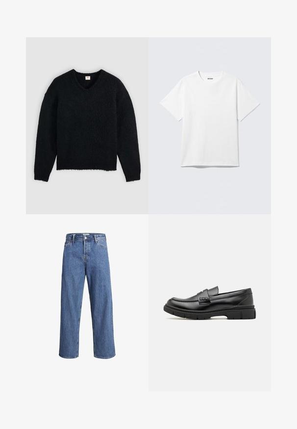 Black fuzzy long-sleeve V-neck sweater with a ribbed hem and cuffs, displayed on a plain light gray background.; White short-sleeve crewneck T-shirt laid flat, plain design, with "WEEKDAY" label inside the collar on a light background.; Light blue denim jeans with a straight-leg design, high waist, and minimal stitching details. The fabric has a soft, slightly faded texture.; Black leather loafer with a wide strap across the vamp, rubber sole with thick treads, and smooth texture. Classic, sleek design.