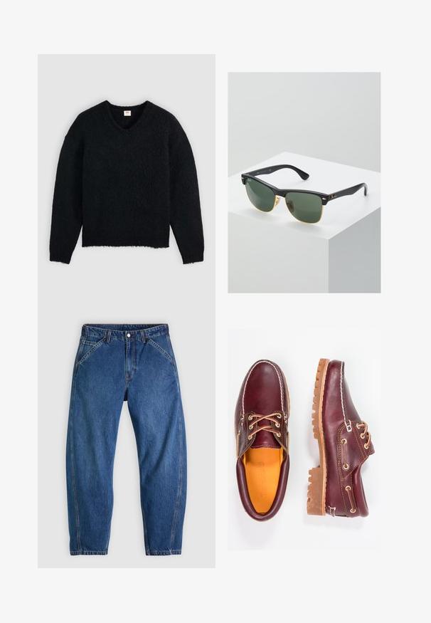 Pull noir duveteux à manches longues avec col en V, ourlet et poignets côtelés, présenté sur un fond uni gris clair.; Jean en denim bleu à coupe décontractée, doté d'une fermeture à boutons, de cinq poches et de surpiqûres orange contrastantes. Texture lisse sur toute la surface.; Chaussures en cuir bourgogne avec semelles en caoutchouc marron, bout rond, couture blanche et œillets dorés. L'intérieur présente une doublure jaune.; Lunettes de soleil Ray-Ban avec des verres verts, monture en plastique noir et accents dorés sur les bords. Forme carrée avec une finition mate.