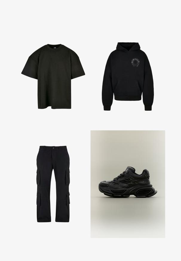 Sudadera con capucha negra y bolsillo frontal, que presenta un gráfico circular en el pecho. Está hecha de un tejido suave y texturizado con puños de canalé.; Camiseta negra de corte oversized en suave algodón. Presenta un cuello redondo y mangas cortas, con una textura suave y un diseño minimalista.; Pantalones cargo negros de algodón, con múltiples bolsillos laterales, un ajuste relajado y un diseño de pierna recta.; Zapatilla deportiva negra y gruesa con diseño texturizado, suela gruesa y cierre de cordones mostrada sobre un fondo neutro y sencillo.