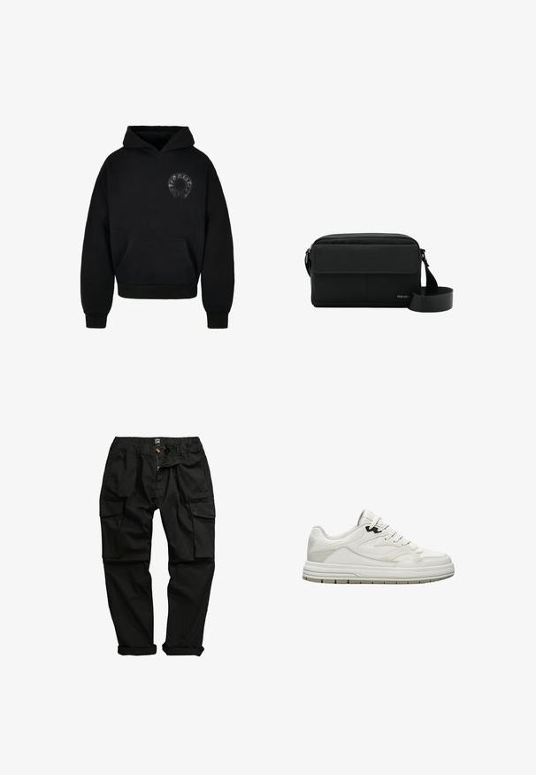 Sort hætte sweatshirt med en frontlomme, der har et rundt grafisk motiv på brystet. Lavet af blødt, tekstureret stof med ribbede manchetter.; Sorte cargo-bukser lavet af bomuldsblanding. Funktioner inkluderer flere lommer, elastisk talje og en let indsnævret ben-design.; Hvid lav sneakers med snørebånd, subtile grå accenter og en tyk sål med slidbanemønster for godt greb.; Sort rektangulær crossbody taske med justerbar rem, frontlomme med flap og lynlås, mærket "Reiss" i nederste højre hjørne.