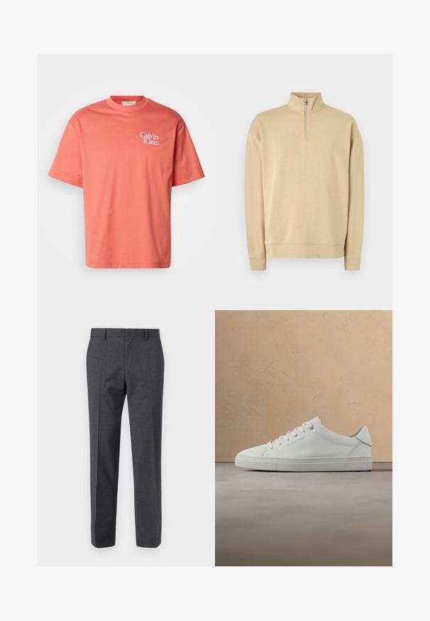 Beige Sweatshirt mit hohem Kragen und halbem Reißverschluss. Verfügt über gerippte Bündchen und Saum sowie ein dezentes Logo auf der Brust. Glatte Textur.; Calvin Klein T-Shirt aus Korallenbaumwolle mit Rundhalsausschnitt, kurzen Ärmeln und weißem Logodruck auf der linken Brust. Glatte Textur, lässige Passform.; Grau maßgeschneiderte Hose mit strukturiertem Finish, flacher Vorderseite und geradem Bein. Verfügt über Seitentaschen und Gürtelschlaufen.; Weißer Leder-Sneaker mit niedrigem Schaft und Schnürsenkeln, schwebend über einem strukturierten beigen Teppich, nahe einem runden Couchtisch aus Holz mit Büchern.