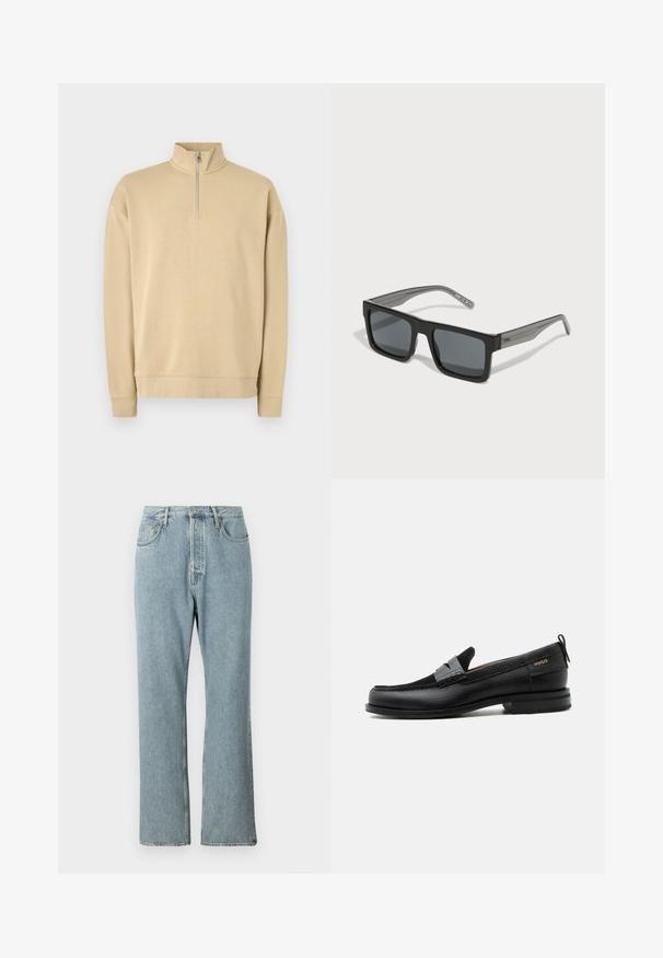 Beige Sweatshirt mit hohem Kragen und halbem Reißverschluss. Verfügt über gerippte Bündchen und Saum sowie ein dezentes Logo auf der Brust. Glatte Textur.; Helles blaues Denim-Jeans mit hoher Taille, weit geschnittenen geraden Beinen und einfacher Naht. Verfügt über fünf Taschen und einen klassischen Knopfverschluss.; Schwarzer Lederloafer mit grauem Riemendetail, niedrigem Absatz und strukturierter Sohle, seitlich mit „HUGO“ in Gold gebrandmarkt.; HUGO Sonnenbrille - black