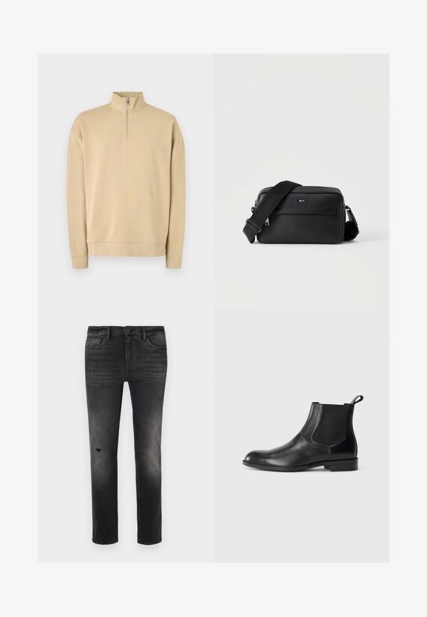 Sweatshirt beige avec un col montant et une fermeture éclair mi-haute. Doté de poignets et d'un ourlet côtelés, avec un logo subtil sur la poitrine. Texture lisse.; Jeans en denim noir ajustés avec décoloration, légers effilochages près du genou, cinq poches et fermeture à bouton et zip standard.; Bottine en cuir noir avec des panneaux latéraux élastiques, bout rond et tirette. Texture lisse, semelle plate, design minimaliste.; Sac bandoulière en cuir noir texturé avec poche avant zippée et bandoulière large en tissu réglable sur fond blanc.