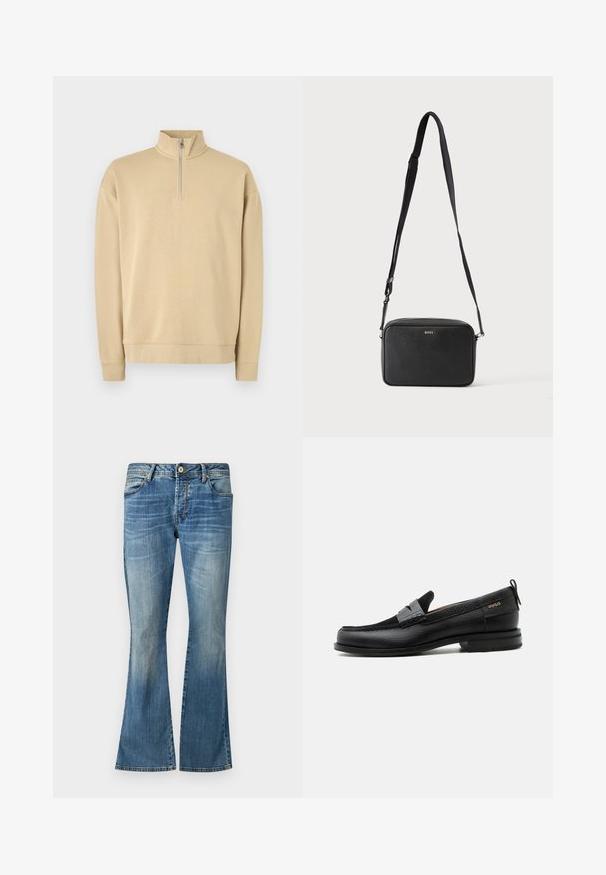 Beige sweatshirts med høj hals og halv lynlås. Har ribbede manchetter og kant, med et diskret logo på brystet. Glat tekstur.; Blå flare jeans lavet af denim med et falmet vask. Har fem bæltesløjfer, en knaplukning og klassiske syninger.; Sort læderloafer med grå remdetalje, lav hæl og tekstureret sål, mærket med "HUGO" i guld på siden.; Sort rektangulær crossbody taske med justerbar rem og BOSS-logo foran, sat mod en ensfarvet lys baggrund.