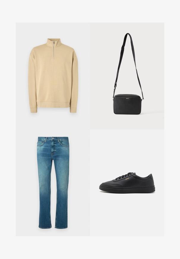 Beige Sweatshirt mit hohem Kragen und halbem Reißverschluss. Verfügt über gerippte Bündchen und Saum sowie ein dezentes Logo auf der Brust. Glatte Textur.; Blaue Jeans aus Denim mit geradem Schnitt, ausgestattet mit einem leichten Verwaschungseffekt, leichten Abnutzungen an den Knien und klassischem Fünf-Taschen-Design.; Schwarze Leder-Sneaker mit glatter Textur, runder Zehenpartie, flacher Gummisohle und einfarbigen Schnürsenkeln. Mit goldfarbenem "BOSS" Logo an der Seite.; Schwarze rechteckige Umhängetasche mit verstellbarem Riemen und BOSS-Logo auf der Vorderseite, vor einem einfarbigen hellen Hintergrund.