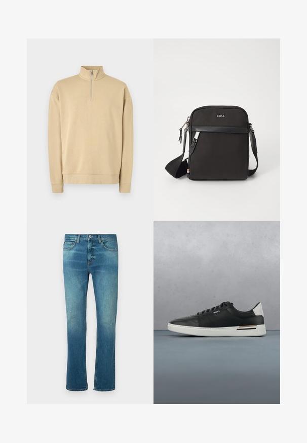 Beige Sweatshirt mit hohem Kragen und halbem Reißverschluss. Verfügt über gerippte Bündchen und Saum sowie ein dezentes Logo auf der Brust. Glatte Textur.; Blaue Jeans aus Denim mit geradem Schnitt, ausgestattet mit einem leichten Verwaschungseffekt, leichten Abnutzungen an den Knien und klassischem Fünf-Taschen-Design.; Schwarze Ledersneaker mit weißer Sohle, ausgestattet mit Perforationen, Schnürdesign, Logo an der Seite und kontrastierenden Fersendetails in Weiß und Braun.; Schwarze Umhängetasche aus strukturiertem Stoff, mit Logo auf der Vorderseite, Reißverschluss und verstellbarem Tragegurt. Verfügt über eine glatte Lederbesatz.