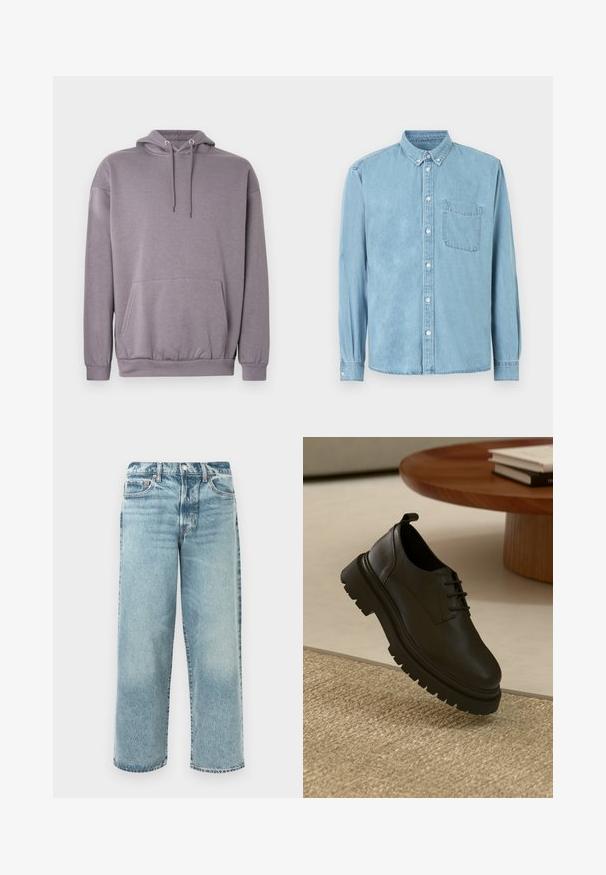 Sweat à capuche gris en tissu doux, avec une poche kangourou, des poignets côtelés et un cordon de serrage à la capuche.; Chemise en denim bleu clair à manches longues avec col boutonné, poche poitrine avant, et boutons blancs au centre et aux poignets.; Jean en denim délavé avec une coupe décontractée, présentant une jambe droite, une taille mi-haute, cinq poches et des détails de couture visibles.; Chaussure en cuir noir avec une surface texturée, bout rond, design à lacets et semelle en caoutchouc noir épaisse. Flottant au-dessus d'un tapis tissé.