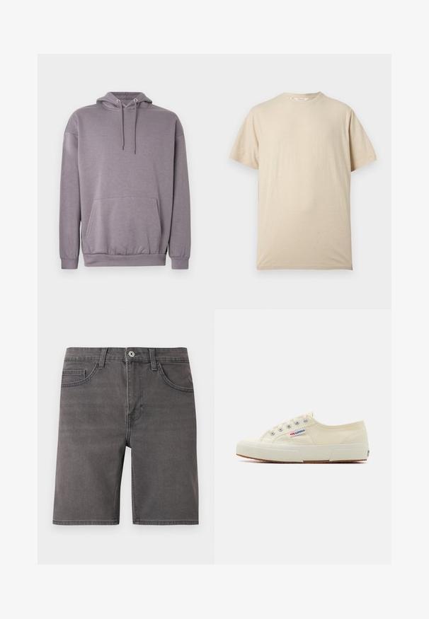 Sweat à capuche gris en tissu doux, avec une poche kangourou, des poignets côtelés et un cordon de serrage à la capuche.; T-shirt beige à manches courtes avec col rond, design uni, présenté sur un fond clair.; Short en denim gris avec bouton devant, fermeture éclair, passants de ceinture et deux poches avant, présenté sur un fond blanc uni.; Baskets en toile beige au design épuré, œillets en métal et semelle en caoutchouc. Présente un motif texturé et un détail de logo sur le côté.
