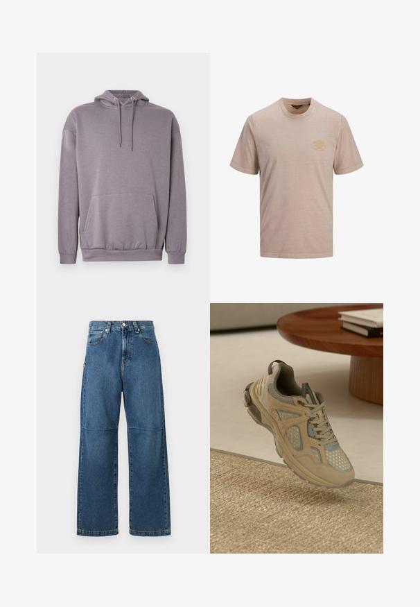 Sudadera con capucha gris hecha de tela suave, con bolsillo tipo canguro, puños acanalados y cordón en la capucha.; Camiseta beige de manga corta y cuello redondo con un pequeño logotipo amarillo circular en el lado izquierdo del pecho, mostrada sobre un fondo blanco liso.; Vaqueros de mezclilla azul con un ajuste relajado, piernas rectas, costura visible y un cierre de botón en la parte delantera. Presenta un bolsillo lateral con un acento.; Zapatilla deportiva beige y gris con detalles de malla y ante, flotando sobre una alfombra tejida al lado de una mesa de café de madera con libros.