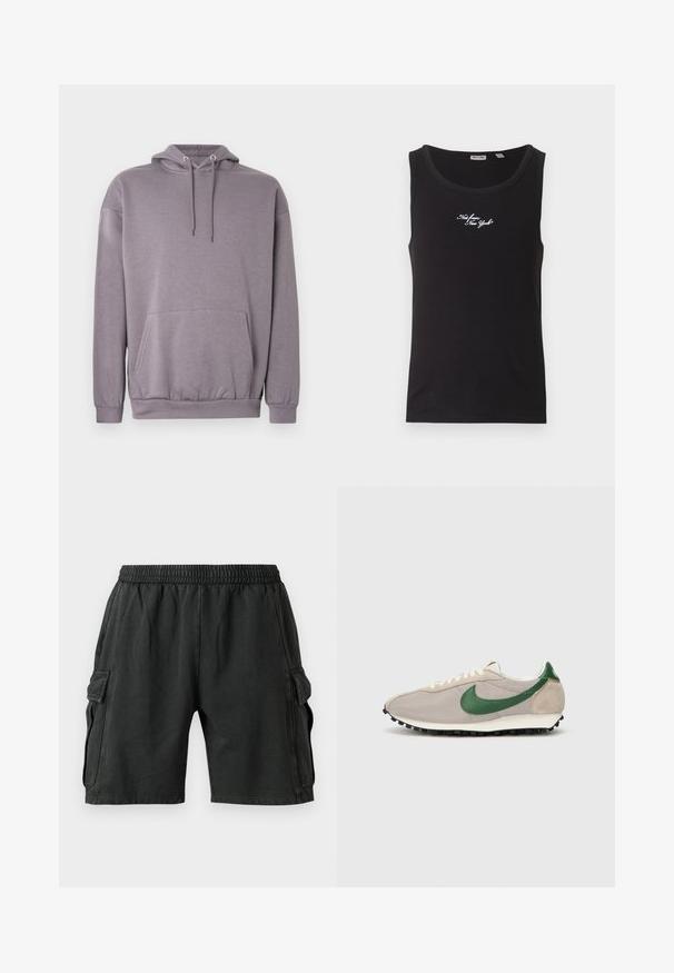 Sweat à capuche gris en tissu doux, avec une poche kangourou, des poignets côtelés et un cordon de serrage à la capuche.; Débardeur noir sans manches en côte, avec texte cursif blanc « Not from New York » sur la poitrine, encolure ronde et étiquette de la marque à l'intérieur du col.; Shorts cargo noirs avec une taille élastique, deux poches latérales et deux poches cargo sur les côtés. Fabriqués dans un tissu doux et léger.; Baskets de course beiges avec des accents en daim vert, tige en mesh texturé, lacets crème et semelle en caoutchouc noir dotée de crampons de traction.