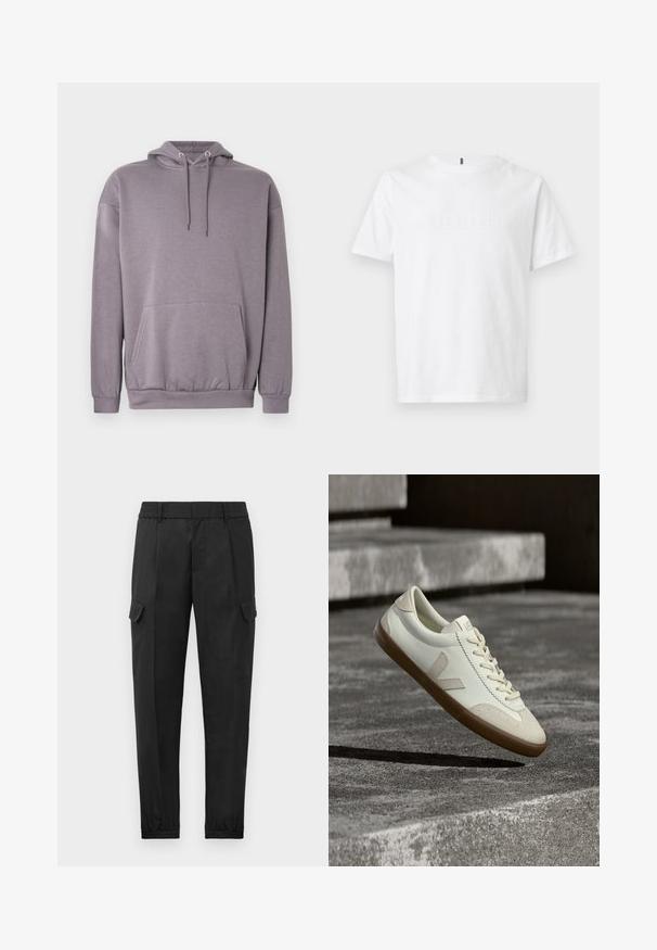 Sudadera con capucha gris hecha de tela suave, con bolsillo tipo canguro, puños acanalados y cordón en la capucha.; Camiseta blanca de manga corta con cuello redondo y texto en relieve sutil "ORIGINALS" en el pecho, mostrada sobre un fondo liso.; Pantalones cargo negros con una cintura elástica, pierna ajustada, bolsillos laterales y un solo bolsillo cargo en el muslo izquierdo. Textura suave.; Zapatillas blancas de cuero con suela de goma color beige, cordones planos y un acento en forma de V en el costado. Presentan una superficie lisa y detalles mínimos de costura.