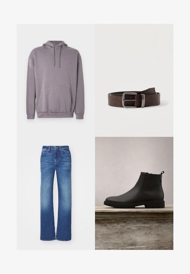 Sweat à capuche gris en tissu doux, avec une poche kangourou, des poignets côtelés et un cordon de serrage à la capuche.; Jean en denim bleu avec une coupe droite, présentant un lavage décoloré, cinq poches, et une fermeture à bouton et zip à la taille.; Bottine en cuir noir avec un bout arrondi, une tige texturée et une semelle en caoutchouc robuste. Elle est équipée d'une languette à l'arrière pour un enfilage facile.; Ceinture en cuir marron foncé avec une boucle rectangulaire en argent, enroulée et placée sur un fond clair et neutre.