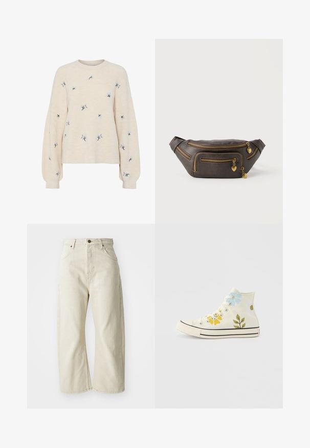Beige striktrøje med ribbet tekstur, prydet med blå blomsterbroderi. Rund halsudskæring og løse, lange ærmer.; Beige wide-leg jeans lavet af bomuldsdenim, med høj talje, fem lommer og en subtil falmet tekstur. Messingknap lukning.; Højhælede hvide sneakers med blå, gule og hvide blomsterprint samt grønne bladdesigns på den lærredsbeklædte overdel.; Mørkebrun læder bumbag med flere gyldne lynlåse, hver med en lille hjerteformet charm-vedhæng.