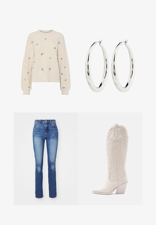Beige sweater met ribbelstructuur, voorzien van blauwe bloemembroidery. Ronde halslijn en losse, lange mouwen.; Blauwe denim jeans met een rechte pasvorm, hoge taille en subtiele vervaging. Beschikt over een knoopsluiting en een klassieke vijf-pocket stijl. Textuur is soepel.; Witte leren cowboylaars met een spitse neus en een vierkante hak. Heeft ingewikkelde stikpatronen op de schacht en een soepele textuur.; Zilveren creool oorbellen met een gladde, reflecterende oppervlak. Ronde, grote vorm met een veilige sluiting aan de bovenkant. Gepolijste afwerking toont de glans.