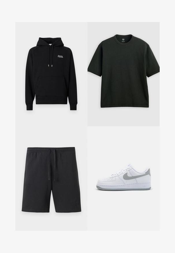 Sudadera negra con capucha, con cordones ajustables, bolsillo delantero tipo canguro, puños acanalados y texto "the new originals" en el pecho izquierdo.; Camiseta negra de manga corta y cuello redondo con un corte holgado, mostrada sobre un fondo plano de color gris claro.; Pantalones cortos casuales negros con cintura elástica y cordón, con un sutil logo de la marca en relieve en la parte inferior de la pierna izquierda.; Zapatillas de cuero blancas con un logotipo Swoosh gris, punta perforada y suela de goma texturizada. Altura corta en el tobillo.