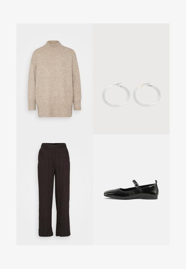 Pull à col roulé beige fabriqué en maille douce, doté de manches longues et d'une coupe décontractée, avec des détails de bord-côte aux poignets et à l'ourlet.; Pantalons larges noirs en tissu texturé avec un design plissé. Dotés d'une ceinture élastique et de poches latérales.; Chaussure plate en cuir verni noir avec un bout pointu, une sangle de cheville avec boucles, et une texture lisse et brillante. Talon bas pour le confort.; Paire de boucles d'oreilles créoles argentées brillantes avec fermoirs en fil fin, présentée sur un fond gris clair.