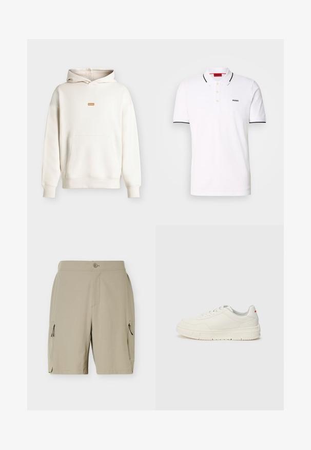 Off-white hættetrøje med forreste kængurulomme og lille brun rektangulær lap med teksten "HUGO" på brystet, vist på neutral baggrund.; Hvid polo skjorte lavet af bomuld, med en klassisk krave, tre-knap lukning, sort kant på ærmerne og et lille sort logo på brystet.; Beige knælange shorts med knaplukning og lommer med lynlås på hver side, designet til afslappet eller udendørs brug.; Hvide sneakers med en glat læderoverdel, rund tå, flade snørebånd og en struktureret gummisål. Der er en rød detalje på hælen.