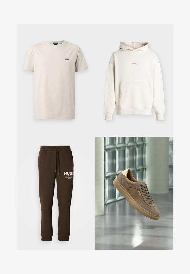 Sweat à capuche écru avec poche kangourou à l’avant et petite étiquette rectangulaire marron indiquant « HUGO » sur la poitrine, présenté sur fond neutre.; T-shirt en coton beige clair avec col rond, manches courtes et un petit logo noir "BOSS" sur la poitrine gauche. Texture lisse.; Pantalons de survêtement marron en tissu doux, dotés d'une taille élastique avec cordon de serrage et d'un logo blanc sur le devant.; Baskets décontractées beiges avec lacets et logo « BOSS », flottant au-dessus d’un sol en béton poli avec un mur en blocs de verre en arrière-plan.