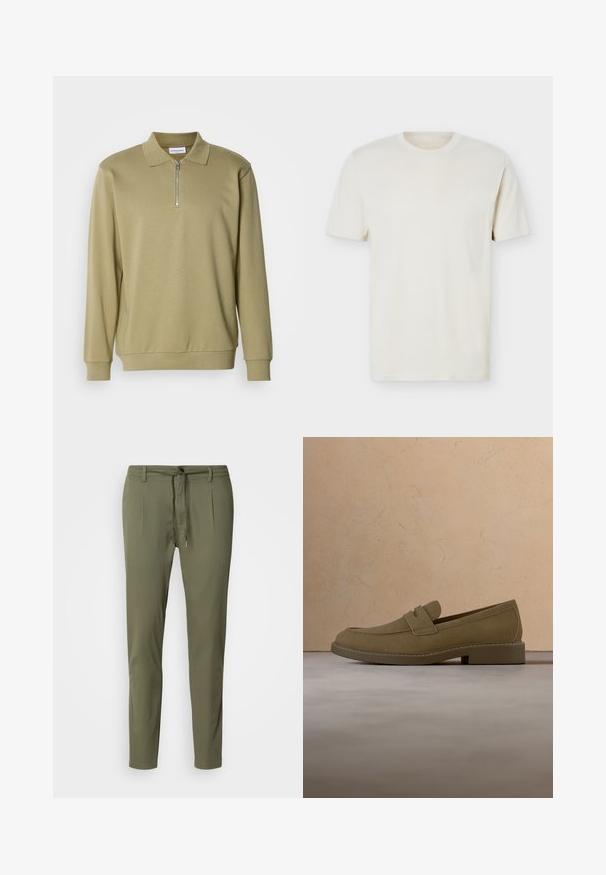 Camisa polo de manga larga color caqui con cuello con cremallera, hecha de una tela suave, con cuello clásico y puños acanalados.; Camiseta lisa de algodón color blanco hueso, cuello redondo y manga corta, con un logo sutil en el pecho izquierdo, presentada sobre un fondo blanco plano.; Pantalones verde oliva de tejido ligero, con cintura ajustable, dos pliegues frontales y un corte ajustado. Textura suave.; Zapato mocasín de ante marrón flotando sobre una alfombra beige texturizada en una sala de estar con una mesa de café de madera y libros apilados.