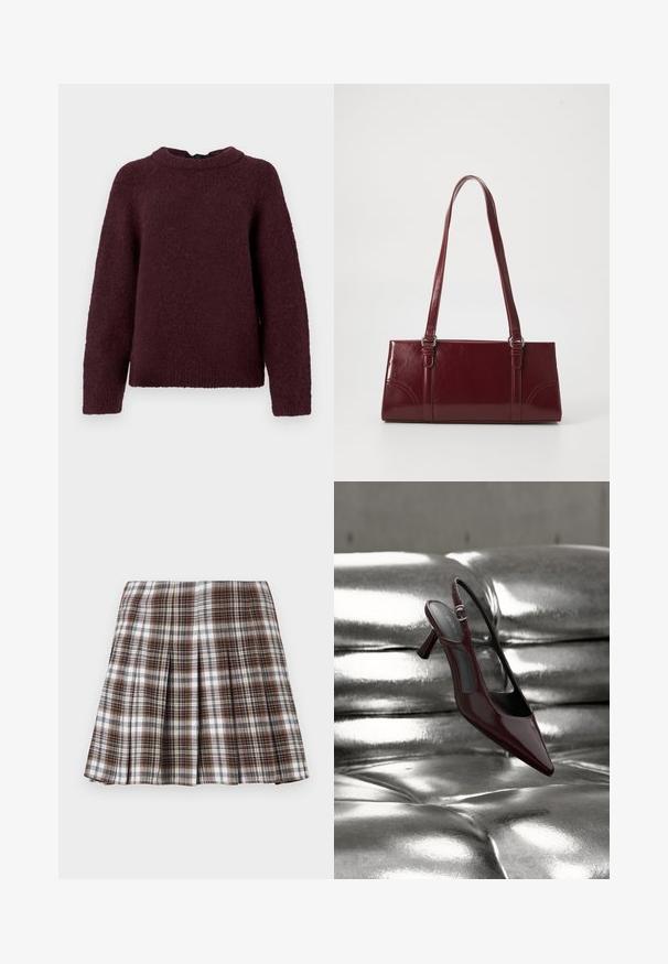 Langærmet strikket sweater i mørk burgundy med rund halsudskæring og ribbede manchetter og kant.; Brun og hvid ternet plisseret nederdel med en struktureret design og sprød tekstur, der har høj talje og flere lodrette folder.; Blank mørkerød slingback højhælet sko med spids tå, vist på en skinnende sølvfarvet polstret læderoverflade.; Bordeaux håndtaske lavet af glansfuldt materiale, rektangulær form, med to skulderremme og subtile buede detaljer på forsiden.