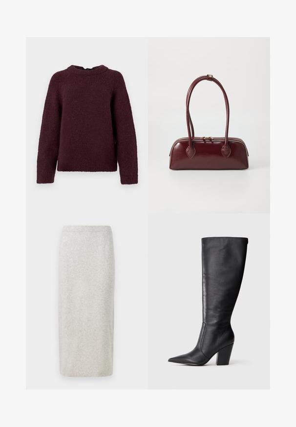 Langærmet strikket sweater i mørk burgundy med rund halsudskæring og ribbede manchetter og kant.; Strikpencilskørt i lysegrå, med en glat tekstur og tætsiddende design, afsluttet nederst med en let strækbar talje. ; Sort læderknehøj støvle med spids tå og kraftig høj hæl, vist i venstre sideprofil på hvid baggrund.; Bordeaux læder skuldertaske med en buet form, dobbelt håndtag, lynlås lukning og subtile sømdetaljer. Glat, højglans finish.
