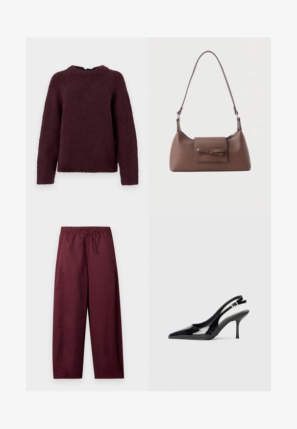 Langærmet strikket sweater i mørk burgundy med rund halsudskæring og ribbede manchetter og kant.; Løse vinrøde bukser med elastisk taljebånd og snøre, lige ben, ingen synlige lommer eller mønstre.; Sorte patentlæder slingback pumper med spids tå og slank hæl. Har en justerbar spænde rem bagpå. Glat tekstur.; Brun skuldertaske i læder med en frontlomme med klap, der har en sydd sløjfedetalje, og en justerbar rem.