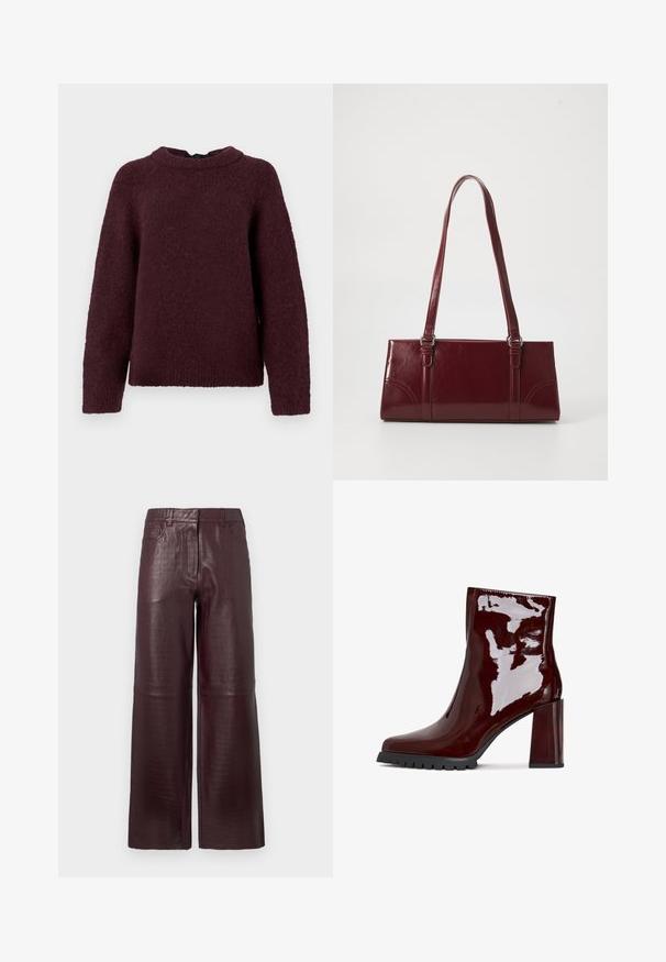Langærmet strikket sweater i mørk burgundy med rund halsudskæring og ribbede manchetter og kant.; Højtaljede vide bukser i mørk burgundy imiteret læder med subtil krokodillestruktur og forreste lommer.; Glatte bordeaux ankelstøvle med firkantet tå, kraftig gennemsigtig hæl og tekstureret sort sål. Glat overflade med en højglans finish.; Bordeaux håndtaske lavet af glansfuldt materiale, rektangulær form, med to skulderremme og subtile buede detaljer på forsiden.