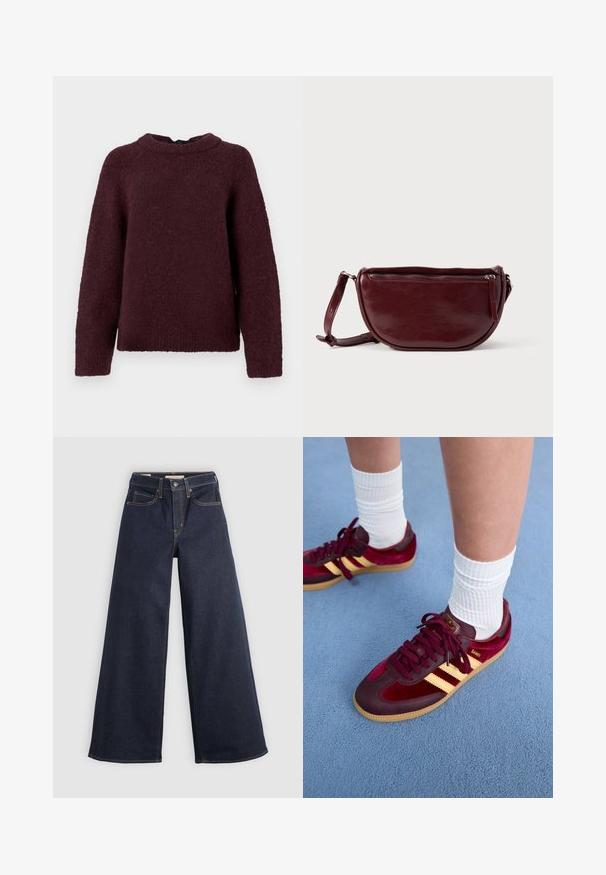 Lange mouw gebreide trui in donker bordeaux met een ronde halslijn en geribde manchetten en zoom.; Wijde denim jeans in donkerblauw met contrasterende stiksels. Bevat een traditionele vijf-pocketontwerp en een knoopsluiting in de taille.; Bordeaux suède en leren sneakers met gele strepen en een gumzool. Witte geribbelde sokken zichtbaar boven de enkel, neergezet op een blauwe gestructureerde ondergrond.; Dieprode lederen handtas met een halve-maansvorm, een ritssluiting en een afneembare riem. Gladde textuur met een subtiele glans.