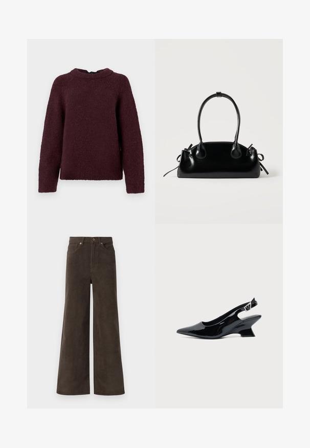 Pull en tricot à manches longues de couleur bordeaux foncé avec un col rond et des bords côtelés.; Pantalons en velours côtelé larges marron foncé avec poches avant, passants de ceinture et fermeture à boutons à la taille.; Chaussure slingback en cuir verni noir avec bout pointu et petit talon bloc incliné sur fond clair uni.; Petit sac à main noir brillant avec deux longues anses et des détails à cordon sur les côtés sur un fond clair uni.