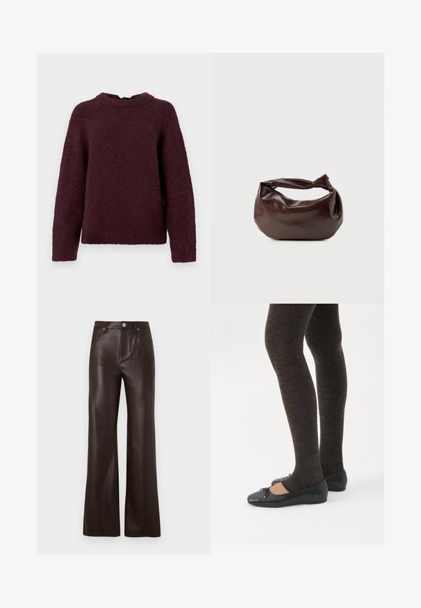 Dlhý rukáv pletený sveter v tmavozelenej farbe s okrúhlym výstrihom a rebrovanými manžetami a lemom.; Vero Moda Wide-leg VMTESSA High rise - Nohavice - chocolate torte; Nohy v tmavých pásikavých legínach v kombinácii s čiernymi balerínkami s malými mašličkami na bielom pozadí.; Tmavohnedá kožená kabelka cez rameno s mäkkým, voľným tvarom a držadlom v podobe skrúteného uzla na jednoduchom bielom pozadí.