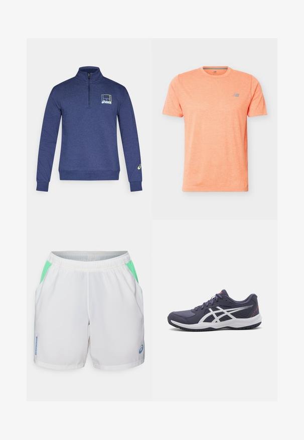 Marineblauwe pullover met een kwart-ritssluiting, gemaakt van zachte stof, met een logo in geel en blauw, en geribbelde manchetten en zoom voor een aangesloten pasvorm.; Korte mouwen, rondhals, sportshirt in perzikkleur met een klein reflecterend New Balance-logo op de linkerkant van de borst.; Witte sportshorts met groene mesh-zijkanten, elastische tailleband en een blauw logodetail aan de linkerkant. Lichtgewicht en ademend materiaal.; Donkerblauwe sport schoenen met witte accenten, textuur aan de bovenkant, laag uitgesneden ontwerp, gevoerde zool en vetersluiting.
